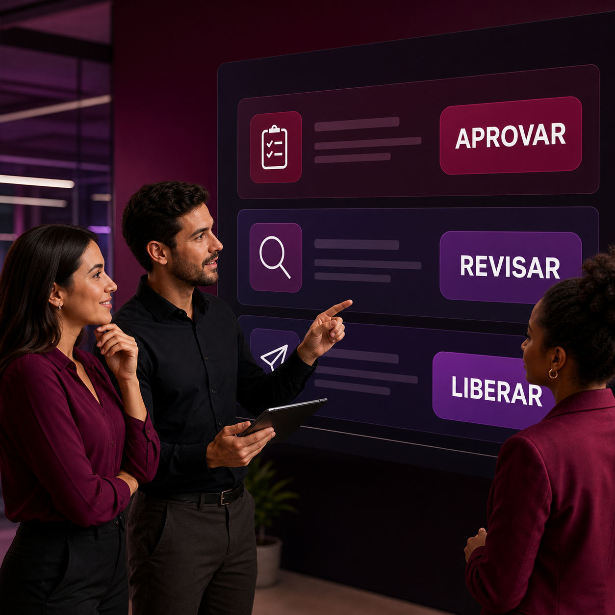 Profissionais analisando uma fila de aprovação humana para automações de IA em empresa brasileira