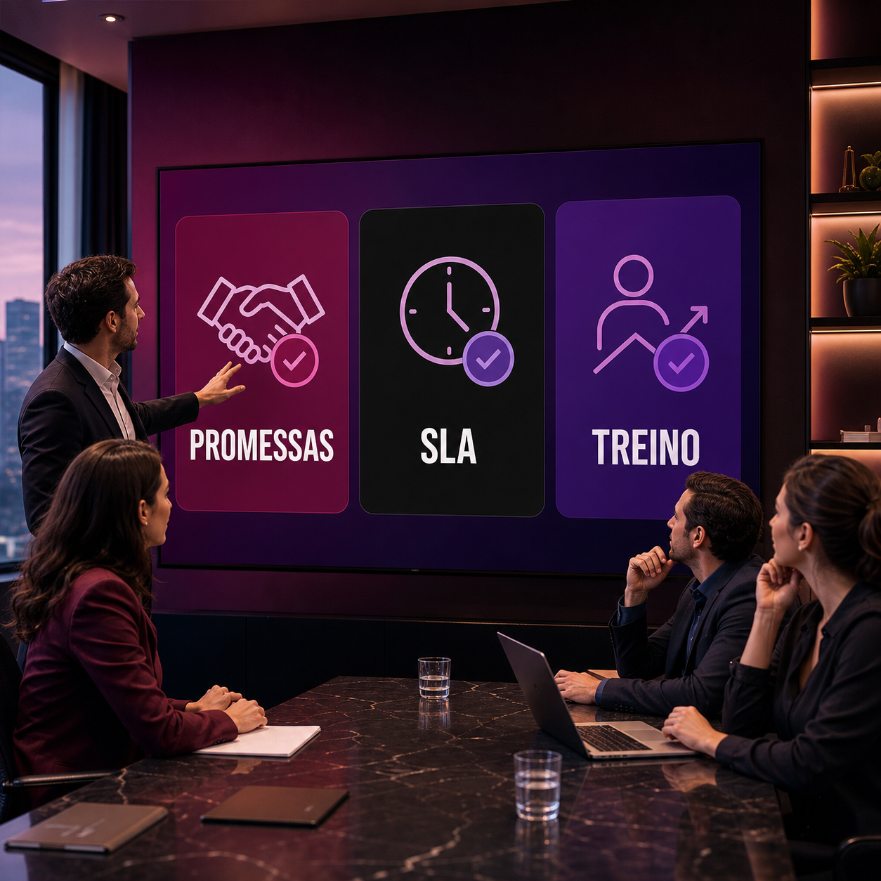 Gestores brasileiros analisando painel de auditoria de conversas com promessas, SLA e treinamento