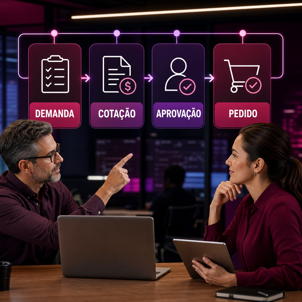 Equipe de compras acompanhando fluxo de IA com etapas de demanda, cotação, aprovação e pedido