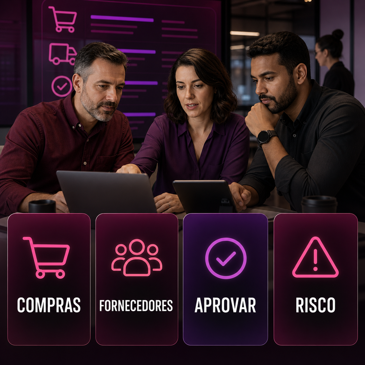 Equipe empresarial usando IA para controlar compras recorrentes, fornecedores, aprovação e risco operacional