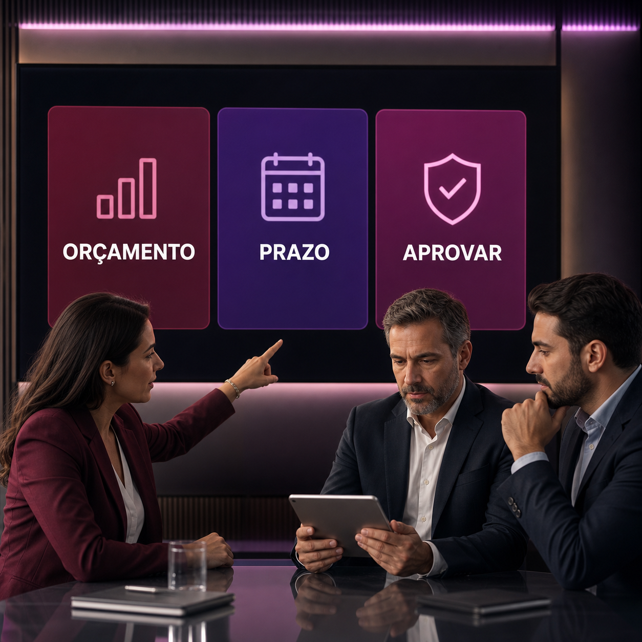 Liderança financeira e de compras avaliando painel de governança de IA para orçamento, prazo e aprovação