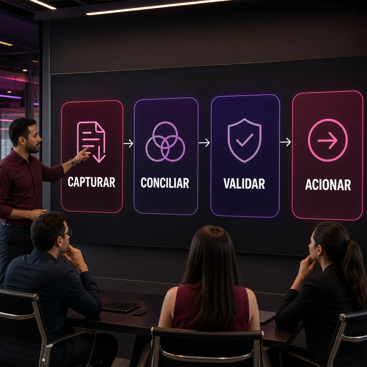 Profissionais brasileiros revisando fluxo de IA com etapas capturar, conciliar, validar e acionar