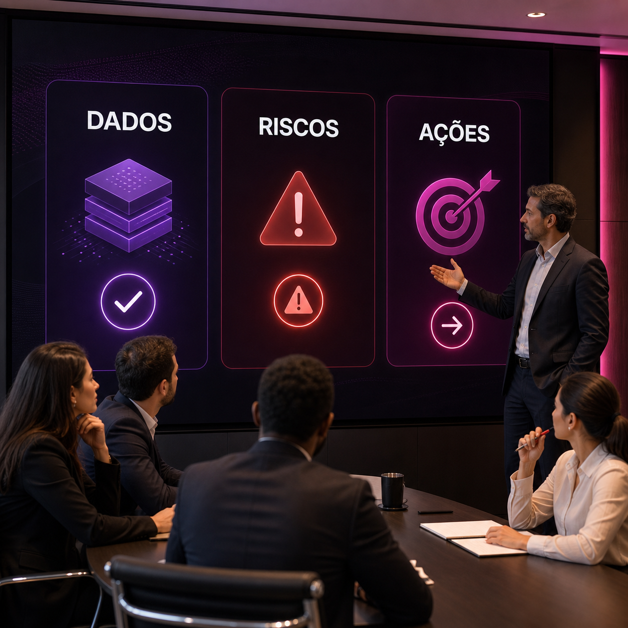 Gestores brasileiros analisando painel de IA com dados, riscos e ações para conciliação operacional