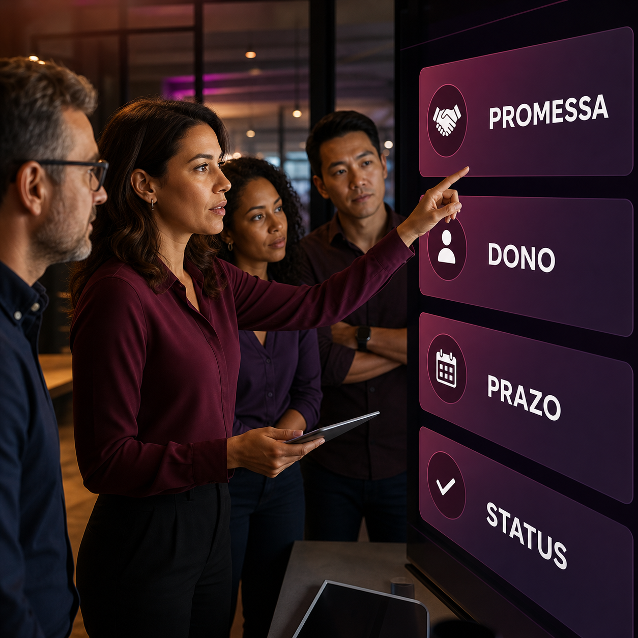 Profissionais usando IA para controlar promessas feitas a clientes com dono, prazo e status