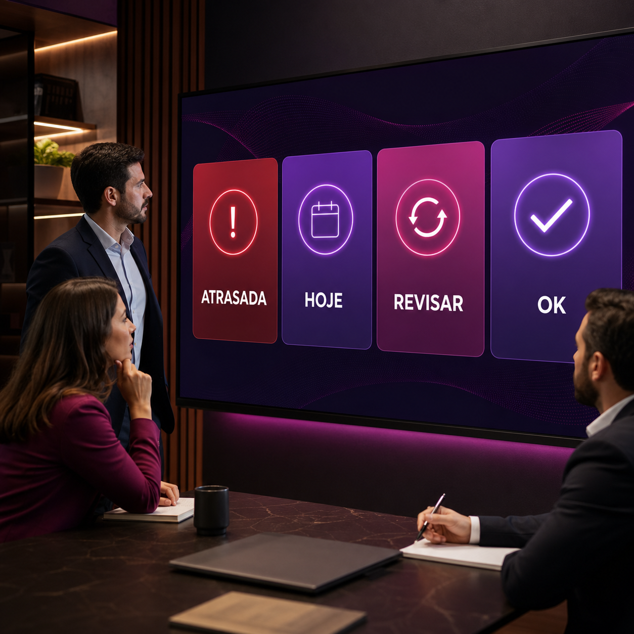 Gestores analisando um painel simples de IA com cartões grandes de atrasada, hoje, revisar e ok para promessas ao cliente