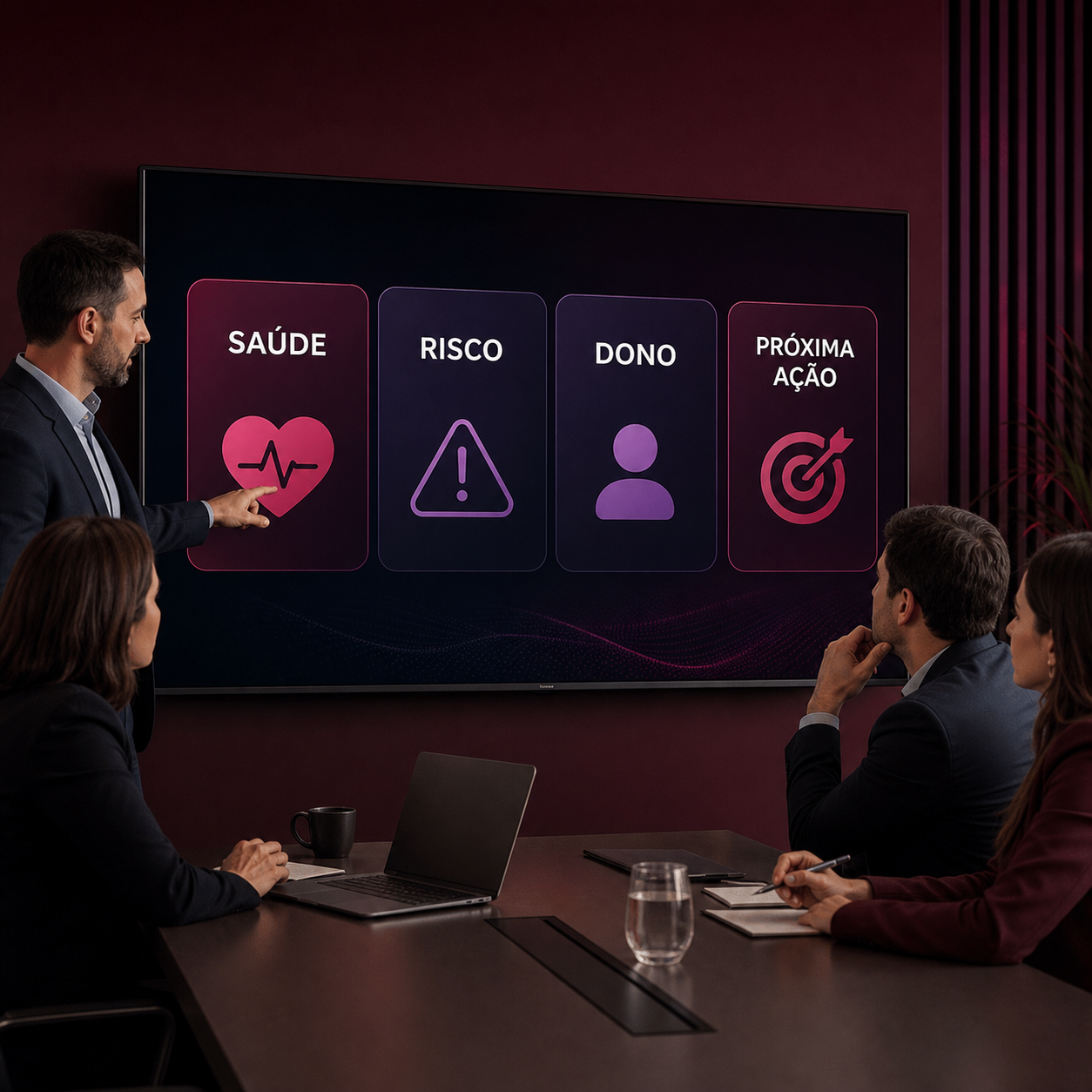 Liderança brasileira revisando painel de IA com saúde do cliente, risco, dono e próxima ação de retenção