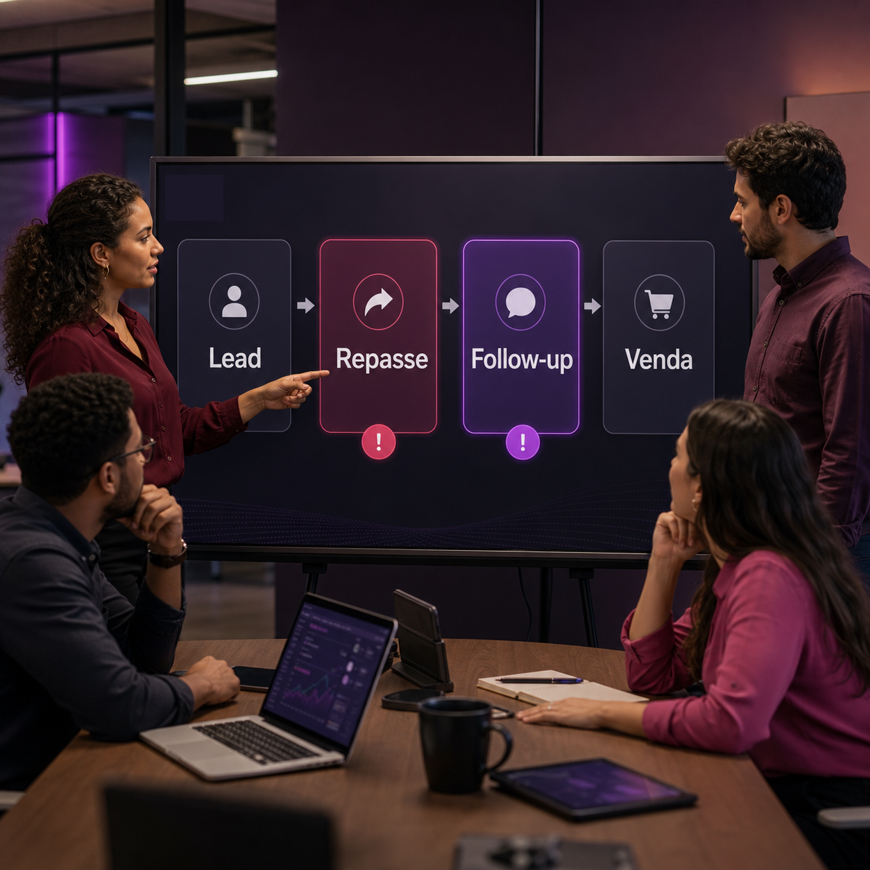 Profissionais analisando painel de IA com etapas de lead, repasse, follow-up e venda