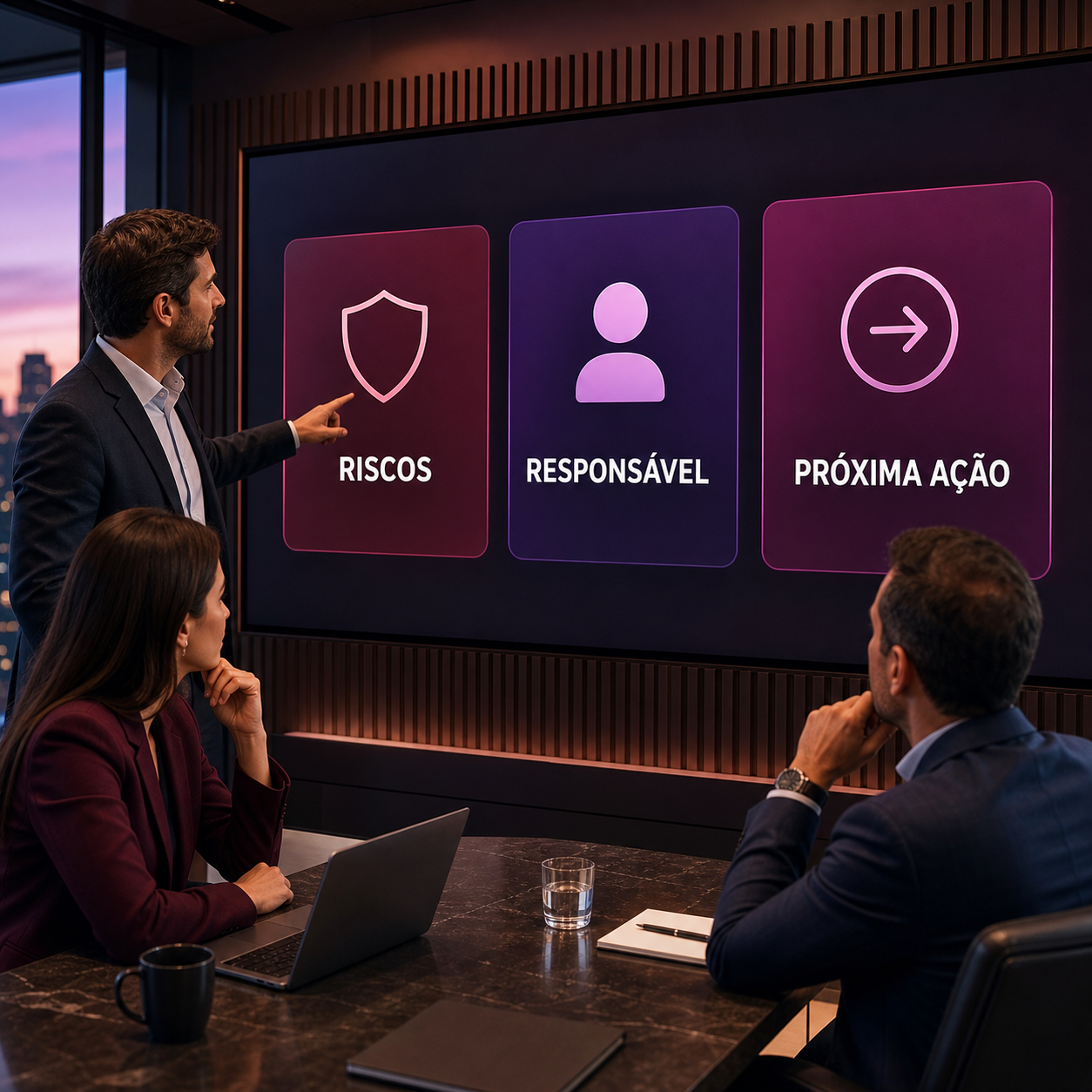Gestores revisando painel de IA com riscos, responsável e próxima ação no handoff comercial