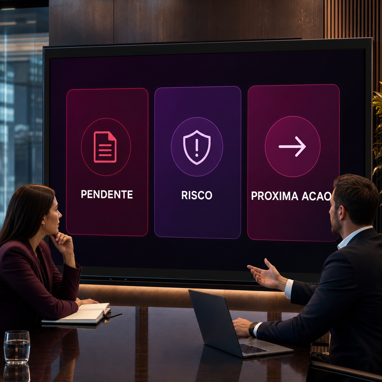 Gestores brasileiros analisando painel de pendências, risco e próxima ação para fornecedores com IA