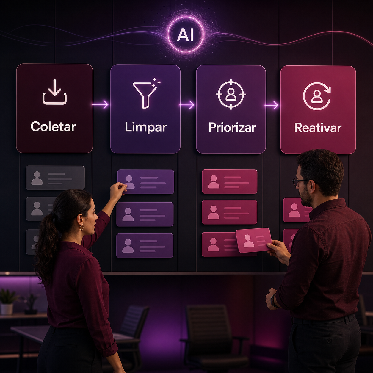 Dois profissionais revisando um fluxo de IA com cartões grandes de coletar, limpar, priorizar e reativar leads no CRM