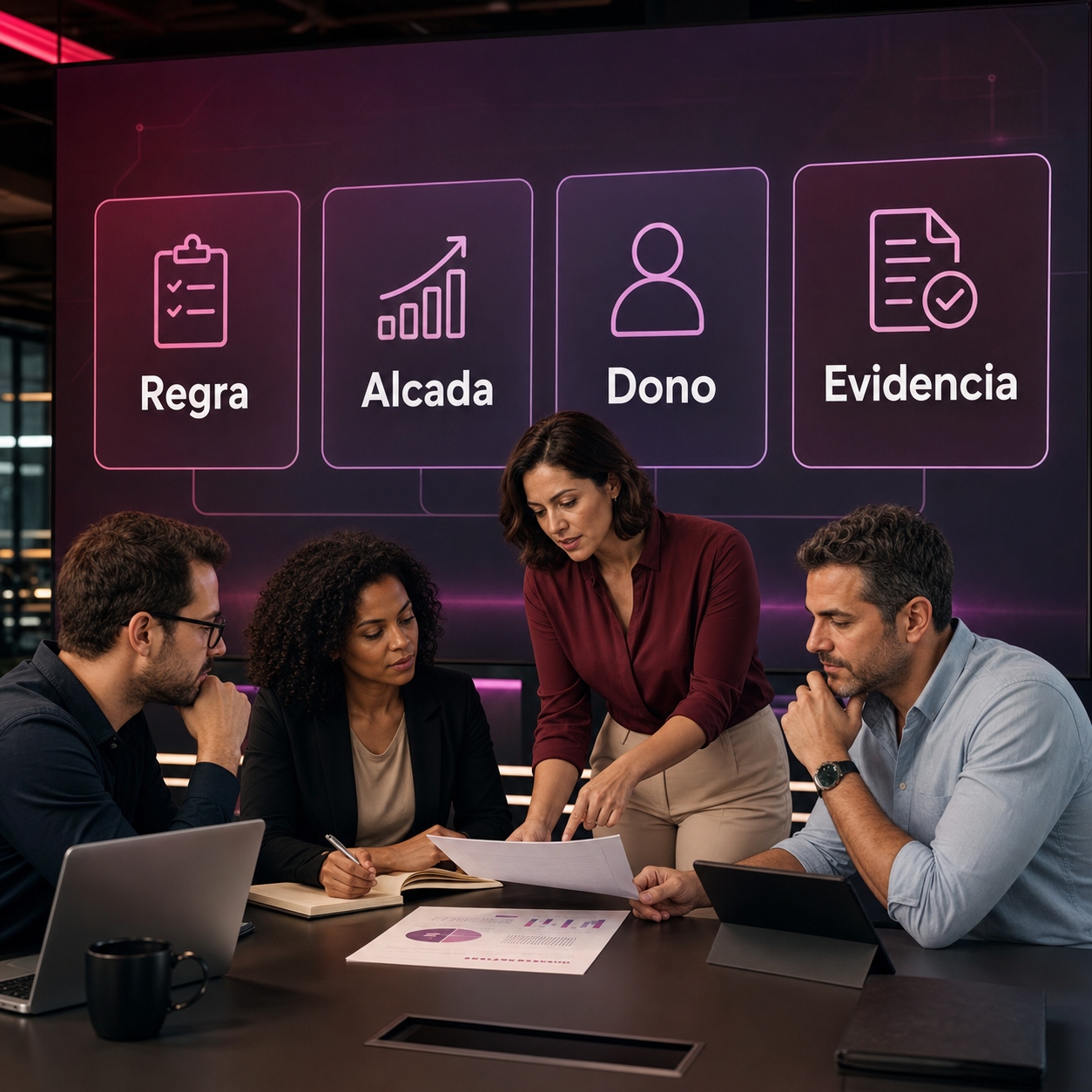 Profissionais analisando mapa de alçadas e aprovações internas em painel de IA