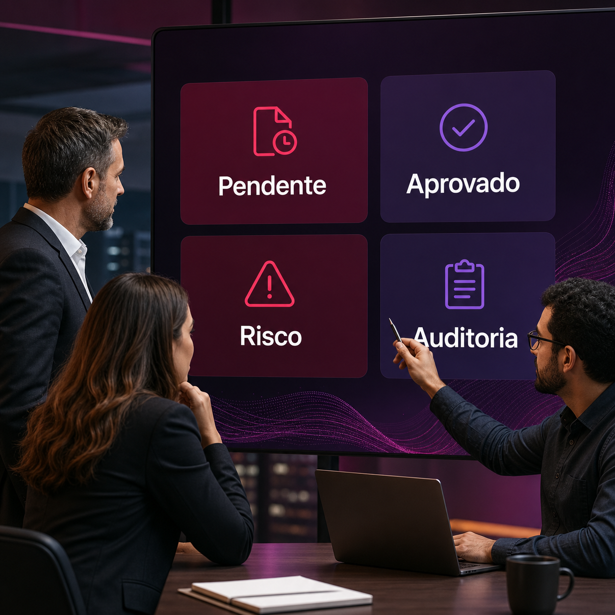Gestores brasileiros analisando painel de IA com aprovações pendentes, riscos, auditoria e decisões internas
