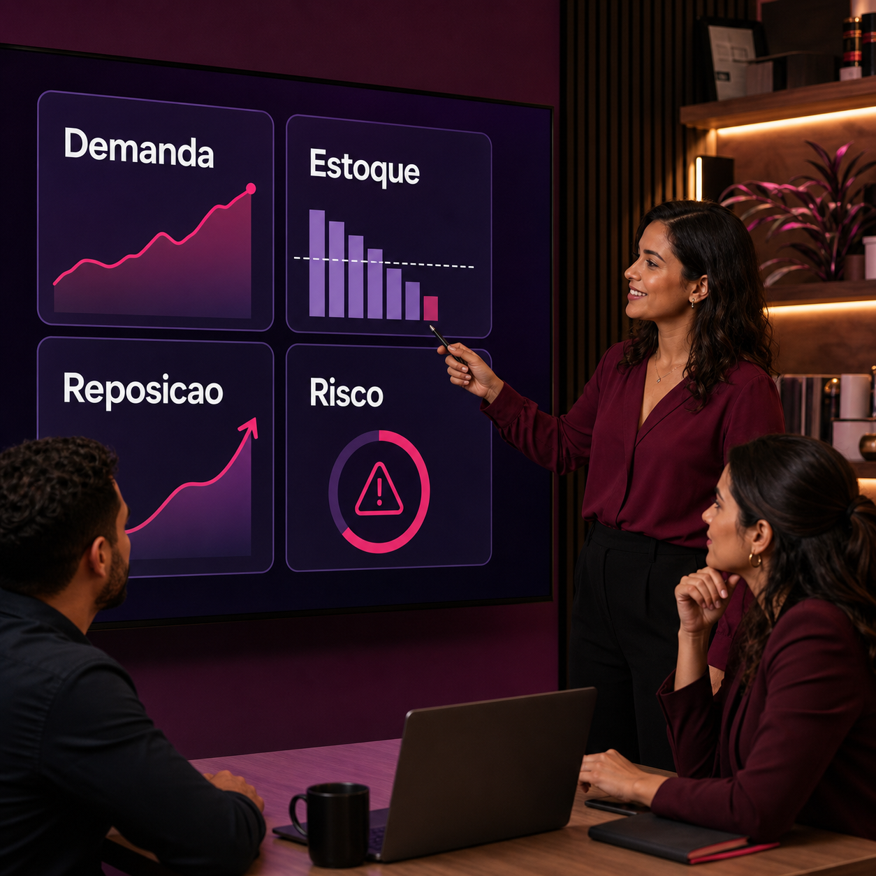 Profissionais revisando previsão de demanda e reposição de estoque com IA