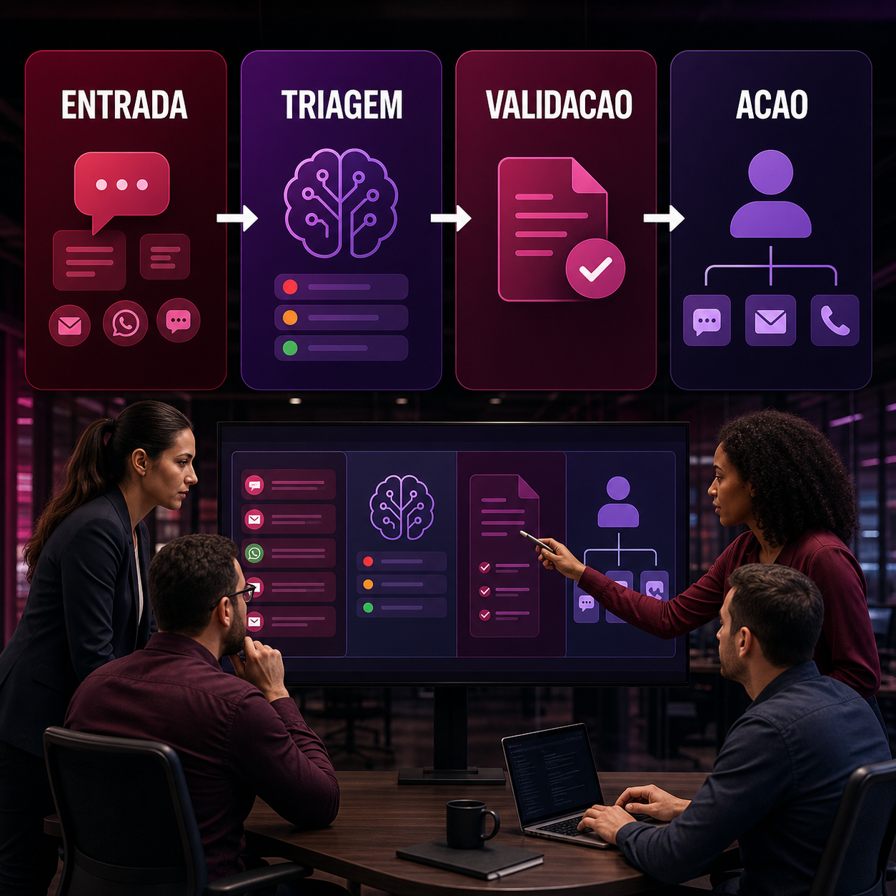 Profissionais de atendimento e operação revisando fluxo de IA com entrada, triagem, validação e ação