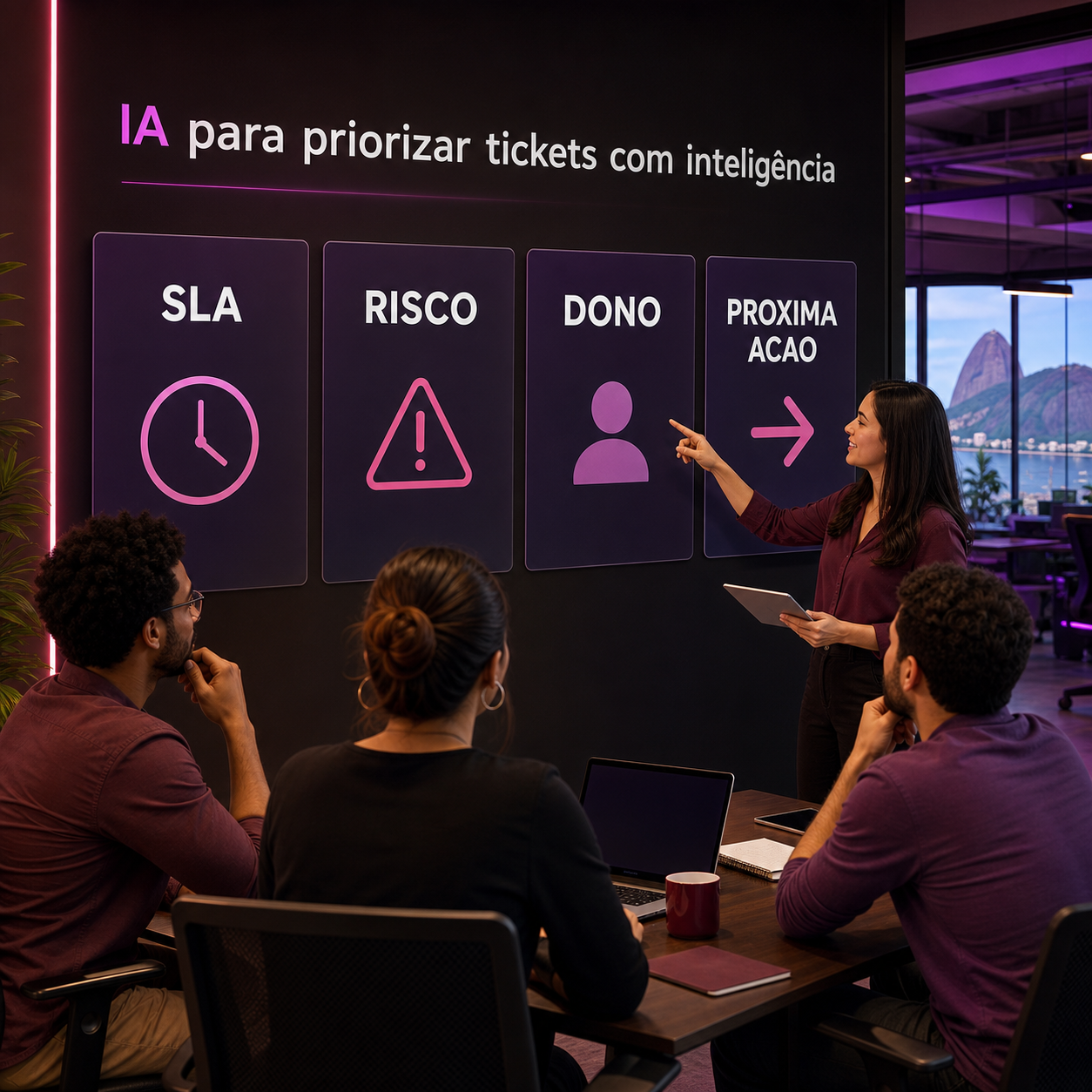 Profissionais revisando painel de IA com SLA, risco, dono e próxima ação para tickets de atendimento
