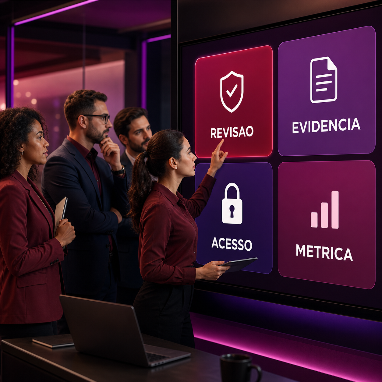 Liderança de atendimento validando painel de IA com revisão, evidência, acesso e métrica para tickets com SLA