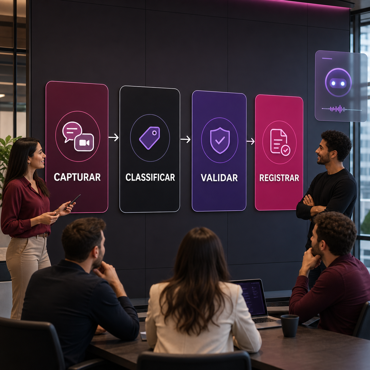 Profissionais brasileiros revisando fluxo de IA com etapas capturar, classificar, validar e registrar