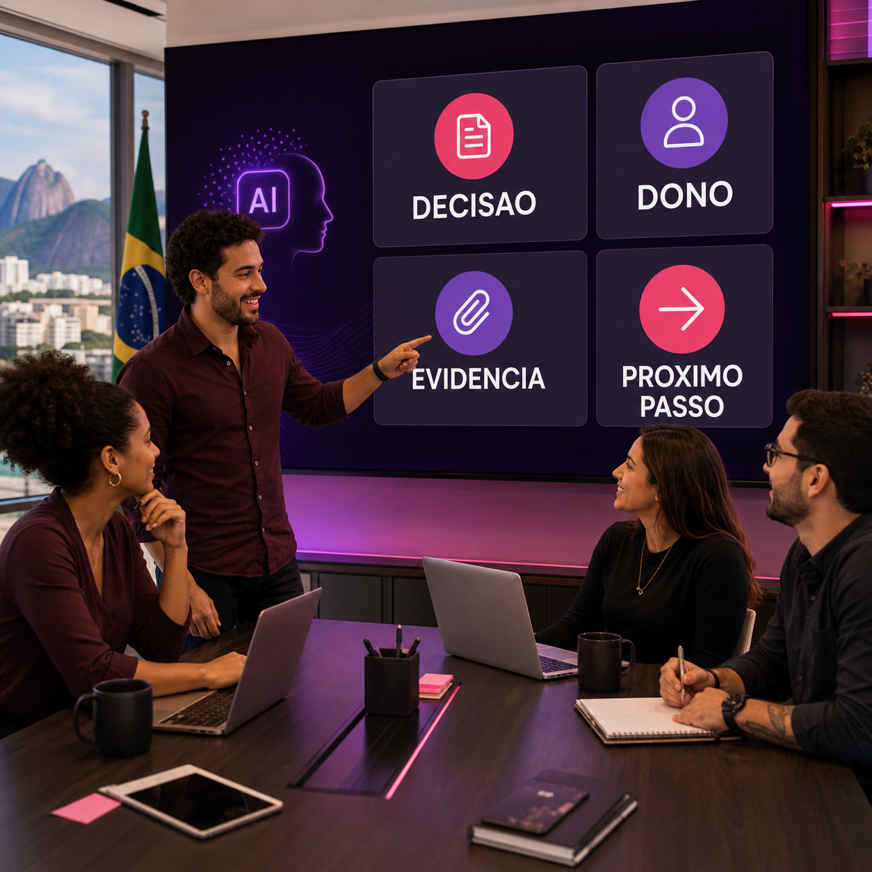 Profissionais analisando cartões de decisão, dono, evidência e próximo passo em painel de IA