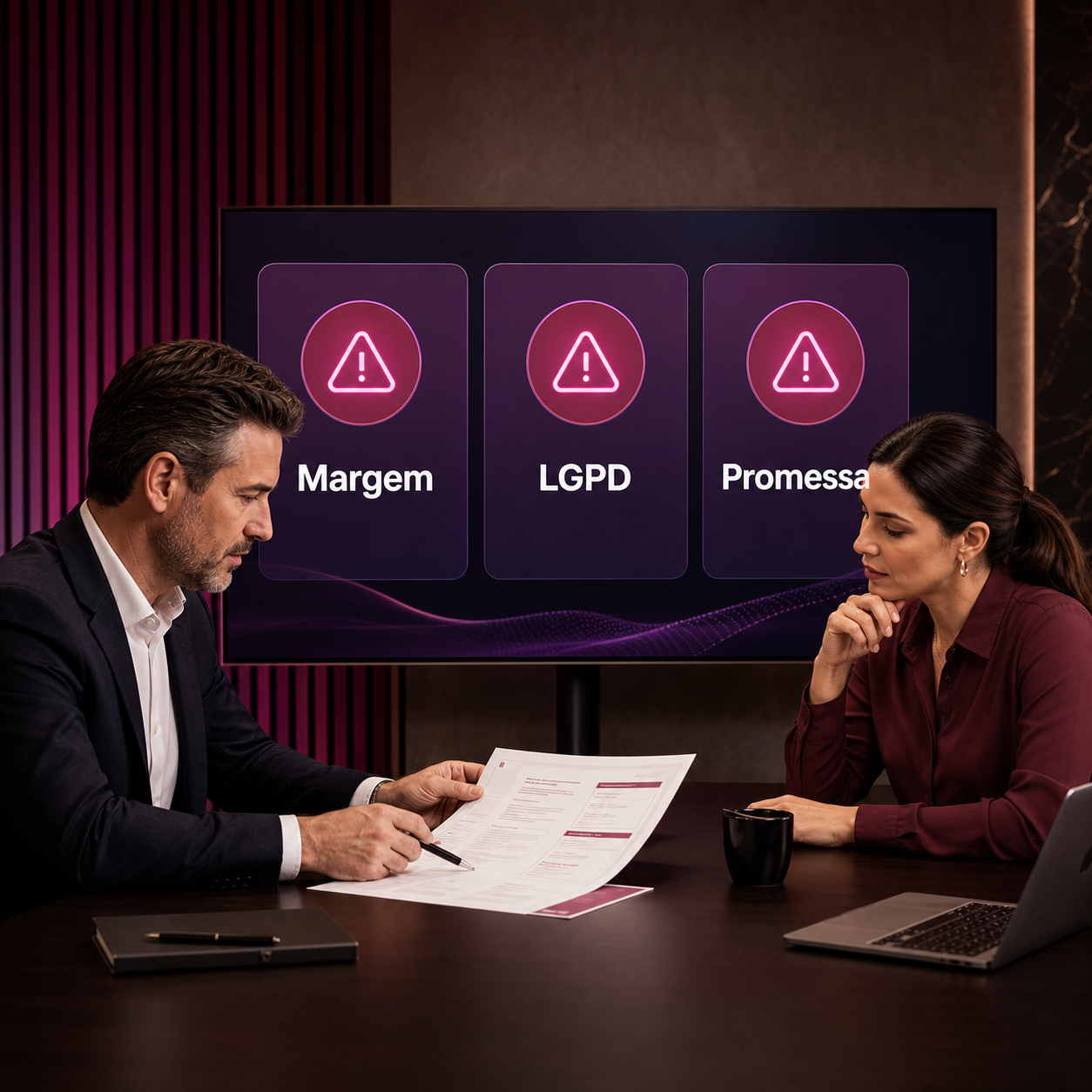 Líderes comerciais revisando painel de governança de IA com alertas de margem, LGPD e promessas em proposta