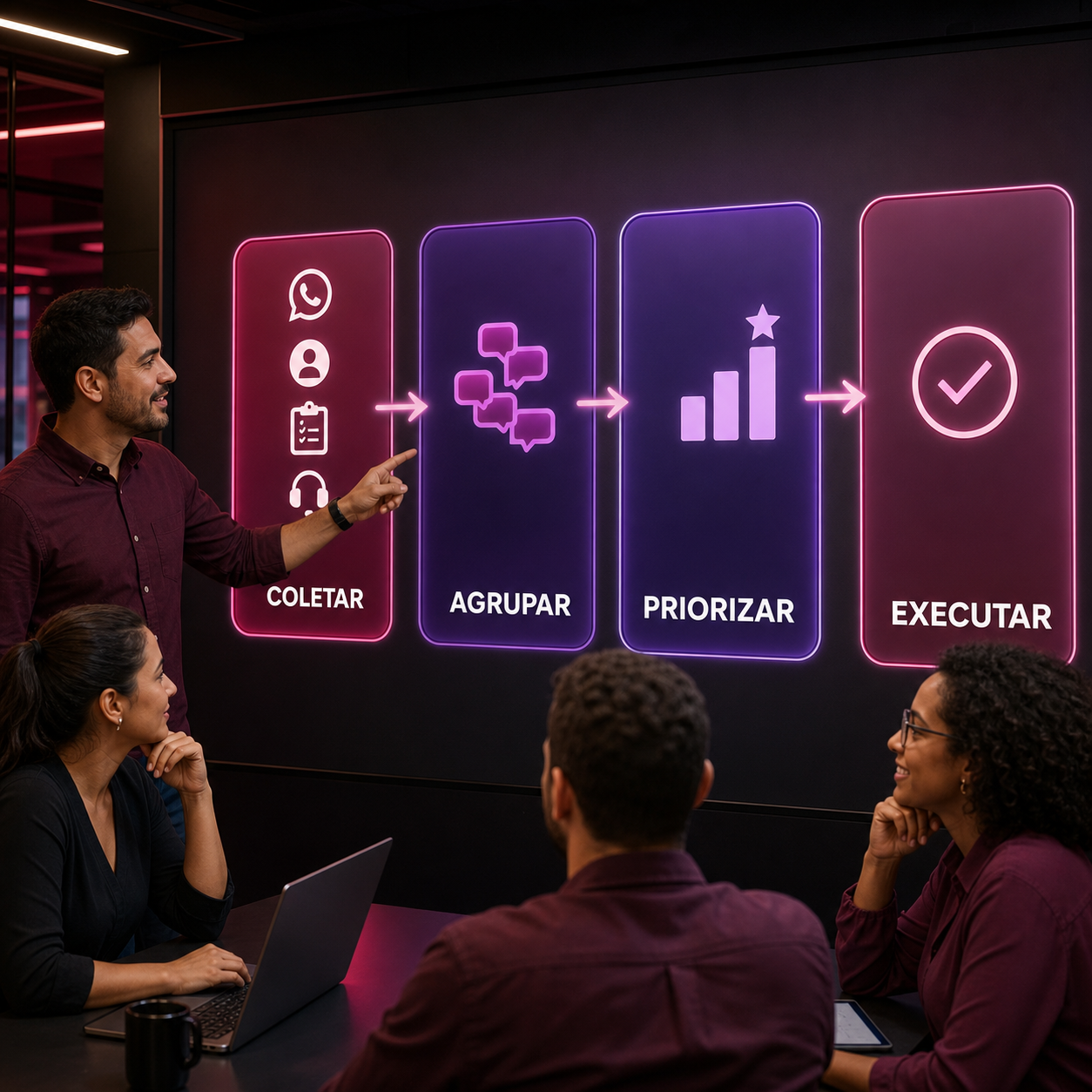 Profissionais acompanhando fluxo de IA para coletar, agrupar, priorizar e executar feedback de clientes