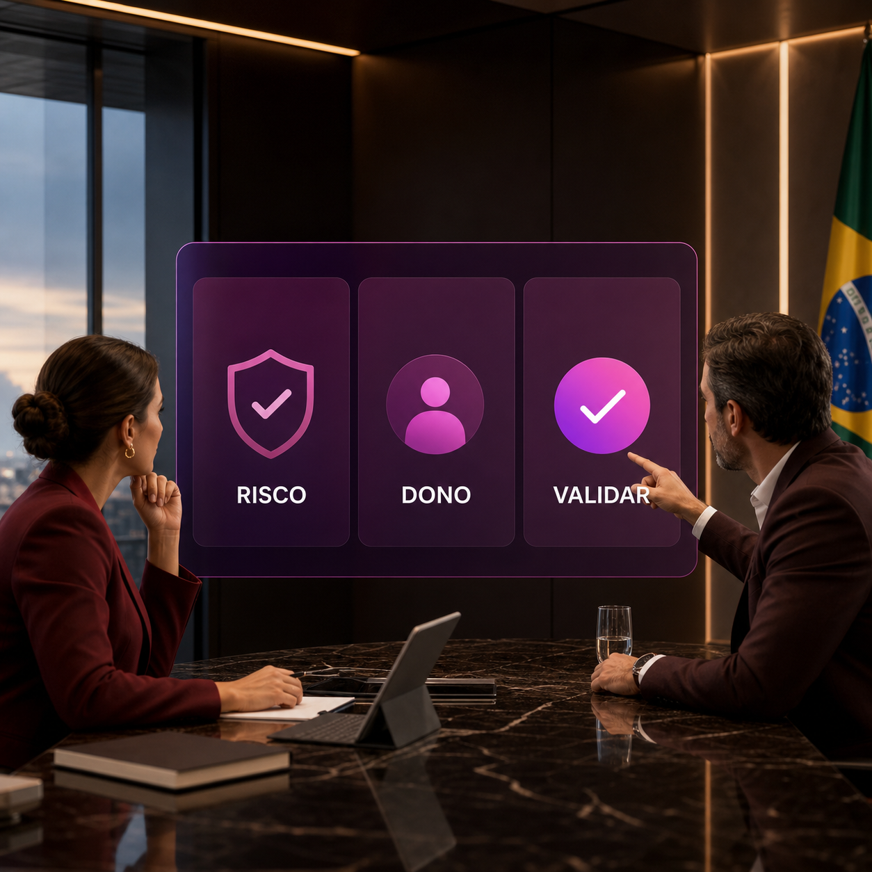 Liderança revisando painel de IA com risco, dono e validação para backlog de feedback de clientes