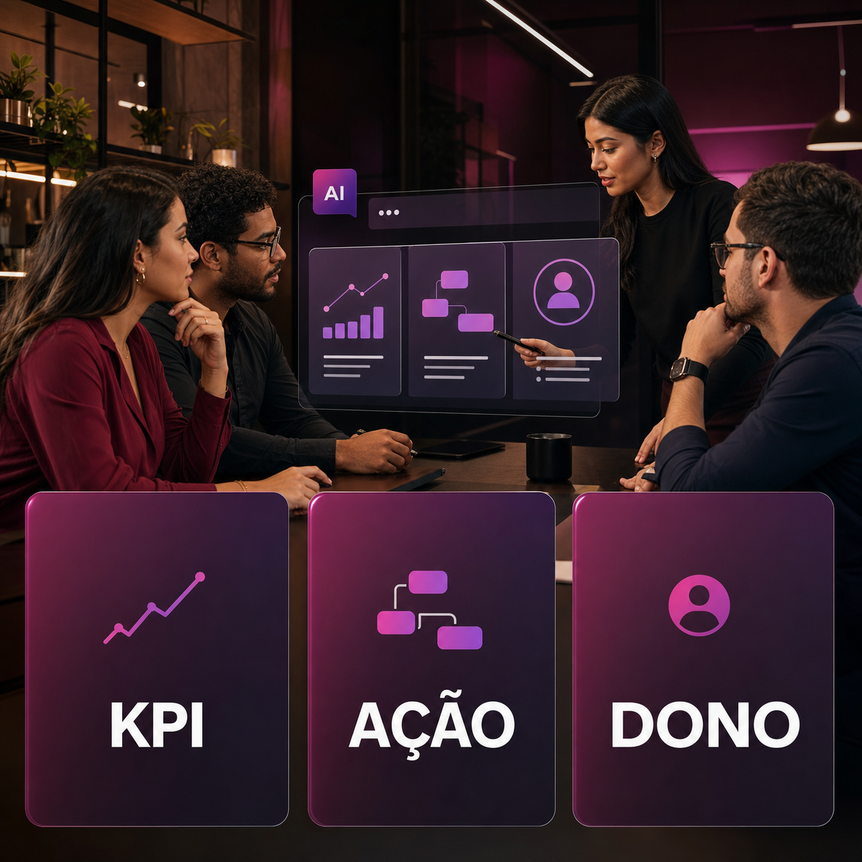 Profissionais revisando indicadores com cartões grandes de KPI, ação e dono em ambiente premium