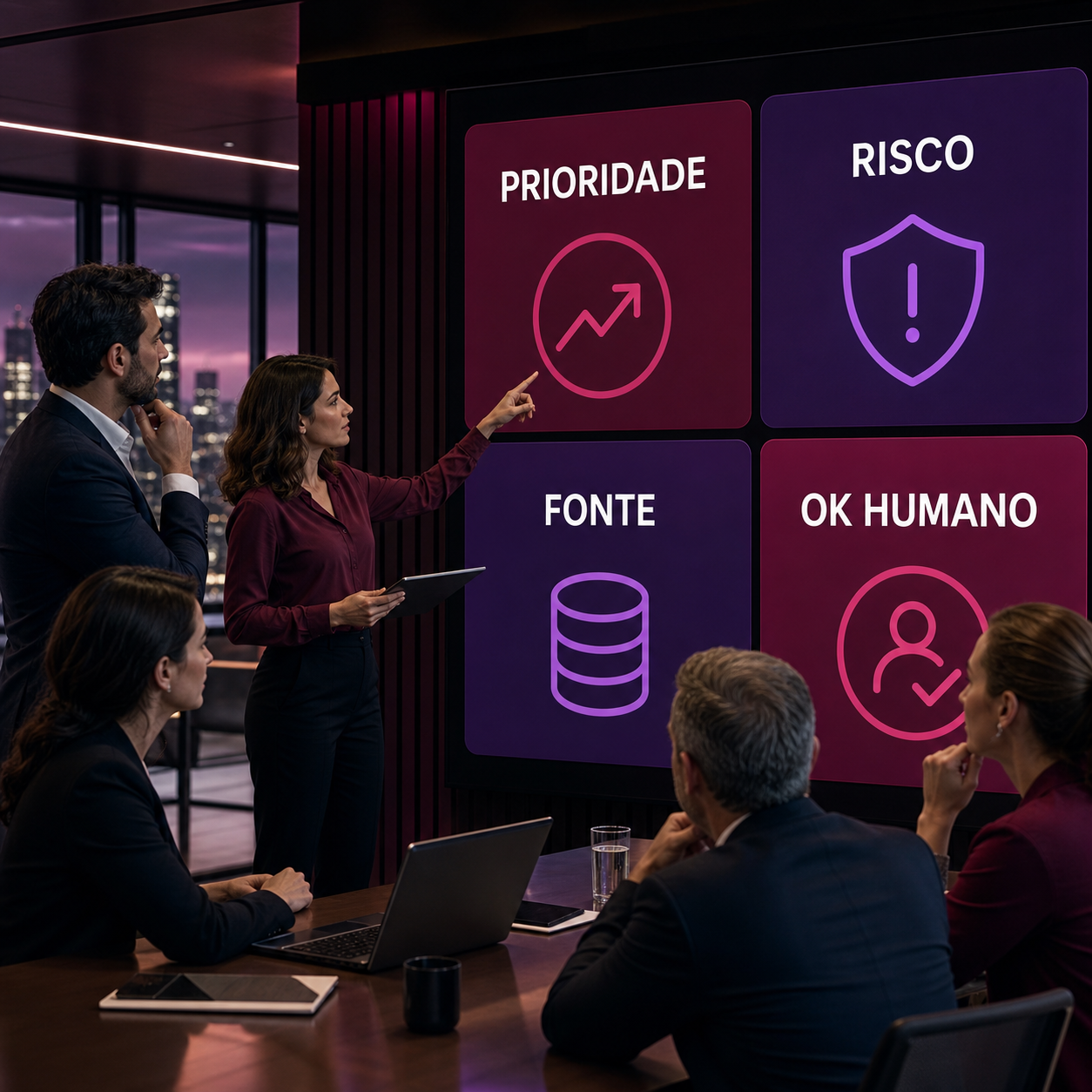 Liderança revisando painel de IA com prioridade, risco, fonte e validação humana para governança de tarefas